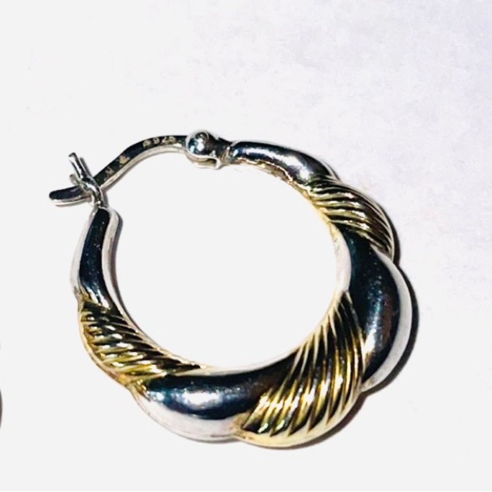 Sterling Silver 925 & Gold Plated Twisted Puffy Hoop Latch Back Earrings - Picture 2 of 4